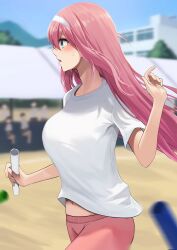 Rule 34 | 1girl, absurdres, amane sora, blush, bocchi the rock!, breasts, cowboy shot, from side, gotoh hitori, gym uniform, hair between eyes, hairband, highres, large breasts, long hair, midriff peek, motion blur, navel, open mouth, outdoors, pink hair, profile, relay baton, running, shirt, short shorts, short sleeves, shorts, solo focus, sweat, taut clothes, taut shirt, track and field, white shirt