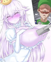 Rule 34 | 1boy, 1girl, blush, breast sucking, breasts, breasts out, closed eyes, colored skin, crown, dress, elbow gloves, facial hair, gloves, hands on own chest, highres, large breasts, long hair, luigi, luigi&#039;s mansion, mario (series), mustache, new super mario bros. u deluxe, newmori, nintendo, nipple stimulation, nipple tweak, nipples, poltergust 3000, princess king boo, puffy short sleeves, puffy sleeves, purple skin, shaded face, short sleeves, simple background, super crown, sweatdrop, tears, thought bubble, trembling, vacuum cleaner, very long hair, wavy mouth, white background