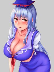 Rule 34 | 1girl, arm under breasts, blue dress, blue hair, blue hat, blush, breasts, brown eyes, cleavage, collarbone, commentary request, downblouse, dress, from above, furrowed brow, grey background, hat, highres, huge breasts, kamishirasawa keine, leaning forward, light blue hair, long hair, looking at viewer, mimasi osuwari, parted lips, puffy short sleeves, puffy sleeves, short sleeves, sidelocks, simple background, solo, touhou, very long hair