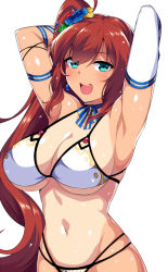 Rule 34 | 1girl, aqua eyes, armpits, arms up, bikini, blush, brave girl ravens, breasts, brown hair, character request, cleavage, elbow gloves, gloves, hair ornament, horosuke, large breasts, long hair, looking at viewer, mavis (brave girl ravens), multi-strapped bikini, navel, one-piece tan, open mouth, side ponytail, sidelocks, simple background, single glove, smile, solo, swimsuit, tan, tanline, white background, white bikini, white gloves