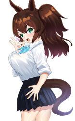 Rule 34 | 1girl, absurdres, animal ears, blue ribbon, breasts, brown hair, commentary request, fox shadow puppet, green eyes, hakurogi, hand on own face, hand on own hip, highres, horse ears, horse girl, horse tail, inari one (umamusume), large breasts, looking at viewer, looking back, monochrome background, pleated skirt, ribbon, school uniform, simple background, skirt, solo, tail, thighs, two side up, umamusume, white background