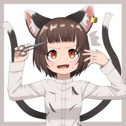 Rule 34 | 1girl, ^^^, absurdres, alternate costume, animal ear fluff, animal ears, arms up, asakura haru, blunt bangs, border, brown hair, cat ears, cat tail, chen, commentary request, cutting hair, cutting own hair, earrings, fang, furrowed brow, grey border, hands up, highres, holding, holding scissors, jewelry, light blush, long sleeves, looking up, multiple tails, nekomata, no headwear, open mouth, petite, red eyes, scissors, shirt, short hair, simple background, single earring, skin fang, solo, sweat, tail, tongue, touhou, two tails, upper body, v-shaped eyebrows, white background, white shirt