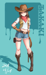 Rule 34 | 1girl, absurdres, belt, blue shorts, boots, brown belt, brown eyes, brown footwear, brown gloves, brown hair, brown hat, brown vest, character name, contrapposto, cowboy boots, cowboy hat, cowboy western, cutoffs, dated, denim, denim shorts, full body, gloves, hand on own hip, hat, highres, holding, holding whip, karakai jouzu no takagi-san, long hair, looking at viewer, midriff, navel, pouch, red scarf, scarf, sdhjjjd, shirt, short shorts, shorts, solo, standing, t-shirt, takagi-san, thigh pouch, thigh strap, vest, whip, white shirt