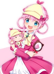 Rule 34 | 1girl, :3, :d, blue eyes, blush, bow, character doll, deerstalker, dress, hair between eyes, hair rings, hat, holding, hugging object, juliet sleeves, leaning to the side, long hair, long sleeves, magnifying glass, mugi (iccomae), open mouth, pink background, pink bow, pink dress, pink hair, pink hat, plaid headwear, puffy sleeves, round teeth, sherlock shellingford, sidelocks, smile, solid circle eyes, solo, tantei opera milky holmes, teeth, two-tone background, upper teeth only, white background