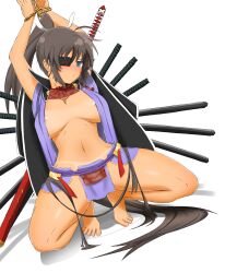 Rule 34 | 1girl, absurdres, areola slip, arms up, bare legs, barefoot, bdsm, blue eyes, blush, bondage, bound, bound wrists, breasts, brown hair, closed mouth, crying, crying with eyes open, eyepatch, feet, female focus, frostyneko, hair tie, highres, homura (senran kagura), japanese clothes, jewelry, kimono, large breasts, long hair, looking at viewer, navel, necklace, no bra, no panties, open clothes, open kimono, pelvic curtain, rope, senran kagura, sidelocks, simple background, solo, spread legs, squatting, sword, tan, tanline, tears, thighs, tiptoes, toes, very long hair, weapon, white background