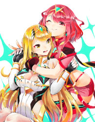 Rule 34 | bare shoulders, black gloves, blonde hair, breasts, chest jewel, cleavage, cleavage cutout, clothing cutout, dress, earrings, elbow gloves, fingerless gloves, gloves, highres, jewelry, large breasts, long hair, mythra (xenoblade), pyra (xenoblade), red eyes, red hair, red legwear, red shorts, short dress, short hair, short shorts, shorts, simple background, swept bangs, tiara, tim (a9243190a), very long hair, white background, white dress, white gloves, xenoblade chronicles (series), xenoblade chronicles 2, yellow eyes