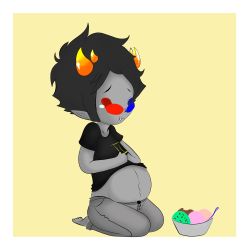Rule 34 | 1boy, absurdres, barefoot, belly, colored skin, food, grey skin, heterochromia, highres, holding, homestuck, horns, ice cream, knees, male focus, mspa, non-web source, plump, simple background, sitting, sollux captor, solo, stomach, troll, yellow theme