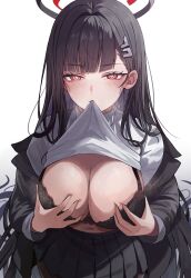 Rule 34 | 1girl, absurdres, black bra, black hair, blue archive, blush, bra, breasts, cleavage, highres, large breasts, lifted by self, long hair, looking at viewer, red eyes, rio (blue archive), solo, underwear, very long hair, yo na yn