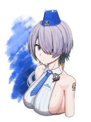 Rule 34 | 1girl, absurdres, backless shirt, bare shoulders, blue eyes, blue hat, blue necktie, breasts, brid (nikke), closed mouth, colored inner hair, dangle earrings, earrings, frown, garrison cap, goddess of victory: nikke, green hair, grey hair, hair over one eye, hat, highres, jewelry, kano hoshi, large breasts, long hair, looking at viewer, low-tied long hair, mole, mole on breast, multicolored hair, necktie, shirt, shoulder tattoo, sideboob, sideless shirt, solo, striped clothes, striped necktie, striped shirt, tattoo, upper body, white shirt