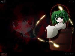Rule 34 | 1girl, bucket, dark, female focus, green eyes, green hair, hair bobbles, hair ornament, in bucket, in container, kii (mahoraba), kisume, short twintails, touhou, twintails