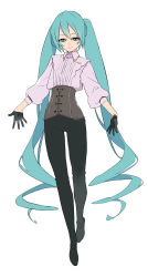 Rule 34 | 1girl, absurdres, black footwear, black gloves, black pants, blue eyes, blue hair, brown corset, closed mouth, collared shirt, corset, full body, gloves, half-closed eyes, hatsune miku, highres, long hair, long sleeves, pants, puffy long sleeves, puffy sleeves, rsk (tbhono), shirt, shoes, sidelocks, simple background, smile, solo, twintails, very long hair, vocaloid, white shirt
