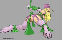 Rule 34 | 1girl, anal, anal object insertion, armor, arms behind back, artist name, ass, backless panties, blonde hair, blush, breasts, digimon, digimon (creature), digimon frontier, garter straps, gloves, green eyes, hat, kneeling, long hair, looking back, medium breasts, object insertion, open mouth, open panties, orimoto izumi, panties, purple panties, pussy, shutumon, slime, solo, stuck, tentacles, thighhighs, transformation, uncensored, underwear, vaginal, vaginal object insertion