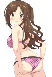 Rule 34 | 1girl, ass, ass grab, back, blush, bra, brown eyes, brown hair, closed mouth, frilled bra, frilled panties, frills, from behind, frown, grabbing own ass, idolmaster, idolmaster cinderella girls, long hair, looking at viewer, looking back, one side up, panties, perapera, pink bra, pink panties, polka dot, polka dot bra, polka dot panties, shimamura uzuki, simple background, solo, standing, underwear, underwear only, white background