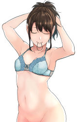 Rule 34 | 1girl, bottomless, bra, breasts, brown hair, closed eyes, gintama, groin, hair tie, hair tie in mouth, hairdressing, hand in own hair, highres, kobaji, medium breasts, mouth hold, navel, shimura tae, small breasts, solo, tying hair, underwear, white background