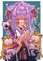 Rule 34 | 1girl, ahoge, animal ear fluff, animal ears, black choker, border, cat ears, choker, commentary request, facepaint, floral print, flower, food, hagoita, hair flower, hair ornament, hair ribbon, hairclip, highres, holding, holding food, holding paddle, hololive, japanese clothes, kimono, long sleeves, looking at viewer, mouth hold, nekomata okayu, onigirya (nekomata okayu), paddle, print kimono, purple eyes, purple hair, red flower, ribbon, saku2621, short hair, simple background, solo, tassel, tiger, virtual youtuber, x hair ornament