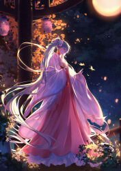 1girl aqua_eyes aqua_hair autumn_leaves bug butterfly china_dress chinese_clothes chinese_commentary chuushuu_meigetsu_miku closed_mouth commentary dress from_side full_body hagoromo hair_ornament hand_fan hanfu hatsune_miku highres holding holding_fan insect lantern leaf long_hair looking_ahead moon night night_sky outdoors paper_lantern profile red_skirt shawl skirt sky solo standing tassel tassel_hair_ornament theazureciel transparent_fan tuanshan twintails very_long_hair vocaloid