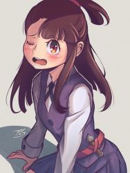 Rule 34 | 1girl, blue dress, blush, brown eyes, brown hair, check commentary, collared shirt, commentary request, cowboy shot, dress, grey background, highres, kagari atsuko, little witch academia, long hair, long sleeves, looking at viewer, luna nova school uniform, madabau, one eye closed, open mouth, pinafore dress, school uniform, shadow, shirt, sleeveless, sleeveless dress, solo, teeth, upper teeth only, white shirt