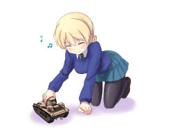 Rule 34 | 10s, 1girl, a9b (louis814), all fours, black necktie, blonde hair, blue skirt, blue sweater, blush, blush stickers, cardigan, caterpillar tracks, closed eyes, commentary, darjeeling (girls und panzer), dress shirt, full body, girls und panzer, happy, loafers, military, military vehicle, miniskirt, motor vehicle, musical note, necktie, pantyhose, playing, pleated skirt, school uniform, shadow, shirt, shoes, short hair, simple background, skirt, smile, solo, sweater, tank, toy, v-neck, vehicle, white background, white shirt