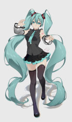 Rule 34 | 1girl, alternate color, aqua eyes, aqua hair, aqua nails, aqua ribbon, bare shoulders, black shirt, black skirt, black thighhighs, blouse, boots, chromatic aberration, commentary, detached sleeves, expressionless, full body, grey background, hair ornament, hand up, hatsune miku, hatsune miku (nt), highres, ikura (user uuyj7743), layered sleeves, leg up, light particles, long hair, looking at viewer, miniskirt, nail polish, neck ribbon, piapro, pleated skirt, ribbon, see-through, see-through sleeves, shadow, shirt, shoulder tattoo, skindentation, skirt, sleeveless, sleeveless shirt, solo, standing, standing on one leg, tattoo, thigh boots, thighhighs, twintails, very long hair, vocaloid, white sleeves, zettai ryouiki