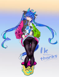 Rule 34 | 1girl, absurdres, ahoge, aqua hair, black bodysuit, black ribbon, blue eyes, blue hair, blush, bodysuit, boots, chinese commentary, clothes writing, coat, coat lift, commentary request, drawstring, english text, fang, frown, full body, hair ribbon, head tilt, hermityy, heterochromia, highres, horse girl, horse tail, lifted by self, long hair, long sleeves, looking at viewer, milestone celebration, multicolored background, multicolored coat, multicolored hair, open mouth, purple eyes, ribbon, sidelocks, solo, standing, stuffed animal, stuffed rabbit, stuffed toy, tail, thank you, thigh gap, twin turbo (umamusume), twintails, two-tone hair, umamusume, very long hair, white ribbon, yellow footwear