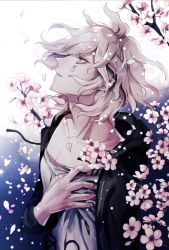 Rule 34 | 10s, 1boy, branch, cherry blossoms, coat, collarbone, danganronpa (series), hand on own chest, highres, komaeda nagito, looking up, male focus, messy hair, open clothes, open coat, parted lips, petals, profile, solo, danganronpa 2: goodbye despair, branch, upper body, white hair, z-epto (chat-noir86)
