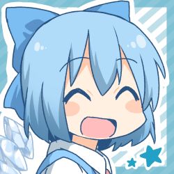 Rule 34 | 1girl, ^ ^, bad id, bad pixiv id, blue hair, blush stickers, bow, cirno, closed eyes, daitirumoesu, hair bow, looking at viewer, nichijou, open mouth, parody, portrait, smile, solo, star (symbol), style parody, touhou, upper body