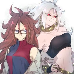 Rule 34 | android 21, armpits, blue eyes, brown hair, dragon ball, dragon ball fighterz, earrings, glasses, highres, jewelry, long hair, majin android 21, nail polish, nmz (namazu), pink skirt, red eyes, signature, skirt, strapless, tube top, white hair
