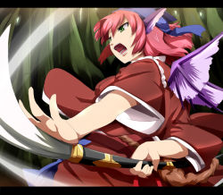 Rule 34 | 1girl, animal ears, female focus, head scarf, japanese clothes, letterboxed, magukappu, mystia lorelei, naginata, okamisty, open mouth, pink hair, polearm, short hair, solo, spear, touhou, weapon, wings
