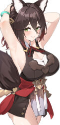 Rule 34 | 1girl, armpits, arms up, band (skymole01), bare arms, bare shoulders, black shirt, breasts, brown hair, cleavage, cleavage cutout, clothing cutout, commentary request, cowboy shot, green eyes, hair between eyes, highres, honkai: star rail, honkai (series), large breasts, long hair, looking at viewer, shirt, simple background, sleeveless, sleeveless shirt, smile, solo, standing, tail, thighs, tingyun (honkai: star rail), white background