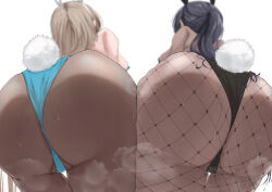 Rule 34 | 2girls, absurdres, ass, ass-to-ass, ass focus, asuna (blue archive), asuna (bunny) (blue archive), black hair, blonde hair, blue archive, breasts, buchio b, butt crack, cleavage, curvy, dark-skinned female, dark skin, from behind, from below, high ponytail, highleg, highleg leotard, highres, huge ass, karin (blue archive), karin (bunny) (blue archive), large breasts, leotard, lips, long hair, multiple girls, playboy bunny, ponytail, shiny skin, squatting, steam, sweat, thigh gap, very long hair, wide hips, yellow eyes