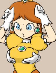 Rule 34 | 1girl, blue eyes, blush, grabbing another&#039;s breast, breasts, crown, dress, earrings, female focus, gloves, grabbing, groping, highres, jewelry, mario (series), medium breasts, nintendo, open mouth, orange hair, princess daisy, short hair, solo focus, super mario bros. 1, super mario land, yamii (yame83)
