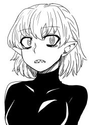 Rule 34 | 1girl, @ @, absurdres, bags under eyes, clenched teeth, commentary request, greyscale, highres, himajin noizu, looking at viewer, mizuhashi parsee, monochrome, pointy ears, sharp teeth, short hair, simple background, solo, teeth, touhou, upper body, white background