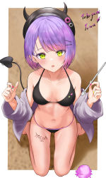 Rule 34 | 1girl, absurdres, alternate hair length, alternate hairstyle, bikini, black bikini, black hat, blush, bob cut, border, breasts, character name, colored tips, demon girl, demon horns, demon tail, ear piercing, earrings, fake horns, food, from above, green eyes, hair ornament, hairclip, hat, highres, holding, holding spoon, hololive, horned headwear, horns, horns through headwear, ice cream, ice cream cone, ice cream cone spill, ice cream scoop, jacket, jewelry, lds (dstwins97), leg tattoo, looking at viewer, multicolored hair, navel, off shoulder, open mouth, piercing, pink hair, pointy ears, purple hair, sand, seiza, short hair, sitting, small breasts, solo, spoon, stud earrings, summer, swept bangs, swimsuit, tail, tail ornament, tail piercing, tattoo, tokoyami towa, two-tone hair, virtual youtuber, white border