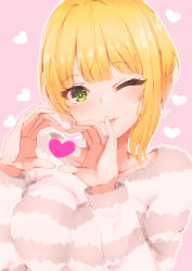 Rule 34 | 1girl, absurdres, blonde hair, blush, commentary request, eyelashes, fur sweater, hands up, heart, heart hands, highres, idolmaster, idolmaster cinderella girls, long sleeves, looking at viewer, miyamoto frederica, one eye closed, outline, pink background, ryuu., short hair, simple background, solo, striped clothes, striped sweater, sweater, upper body