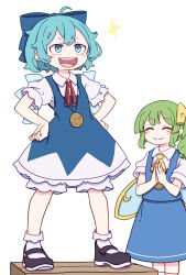Rule 34 | 2girls, absurdres, ahoge, ascot, black footwear, blue bow, blue dress, blue eyes, blue hair, blue skirt, blue vest, blush stickers, bow, cirno, closed eyes, closed mouth, collared shirt, daiyousei, detached wings, dress, fairy, fairy wings, green hair, hair bow, highres, ice, ice wings, kame (kamepan44231), long hair, medal, multiple girls, open mouth, pinafore dress, shirt, shoes, short hair, short sleeves, side ponytail, simple background, skirt, sleeveless, sleeveless dress, smile, socks, standing, tears, touhou, vest, white background, white shirt, white socks, wings, yellow ascot