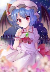 Rule 34 | 1girl, bat wings, blue hair, blush, brooch, closed mouth, commentary request, detached wings, doko ka no hosono, frilled shirt collar, frilled sleeves, frills, hair between eyes, hat, hat ribbon, highres, jewelry, looking at viewer, mob cap, pink shirt, pink skirt, puffy short sleeves, puffy sleeves, red eyes, red ribbon, remilia scarlet, ribbon, shirt, short hair, short sleeves, skirt, smile, solo, split mouth, touhou, upper body, wings, wrist cuffs