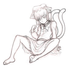 Rule 34 | 1girl, animal ears, barefoot, cat ears, cat girl, cat tail, chen, comic, earrings, feet, female focus, jewelry, kuro suto sukii, monochrome, multiple tails, sitting, sketch, smile, soles, solo, tail, toes, touhou