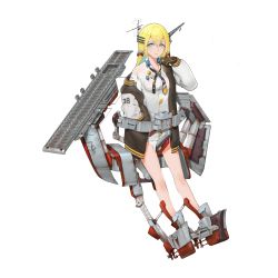 Rule 34 | 1girl, absurdres, aircraft carrier, aqua eyes, arimusume, bare legs, battleship girl, between legs, blonde hair, bottomless, brown gloves, dress shirt, full body, gloves, hair tubes, headgear, highres, jacket, letterman jacket, long hair, looking at viewer, machinery, military, military vehicle, necktie, off shoulder, official art, rust, ship, shirt, solo, star-shaped pupils, star (symbol), symbol-shaped pupils, transparent background, untied, uss cabot (cvl-28) (battleship girl), warship, watercraft, white background