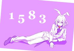 Rule 34 | 10s, 1boy, animal ears, bow, bowtie, deretta, food, formal, fruit, full body, honebami toushirou, lying, male focus, monochrome, mouth hold, number pun, on side, personification, pun, purple eyes, rabbit ears, solo, spot color, strawberry, suit, touken ranbu, traditional bowtie, white hair