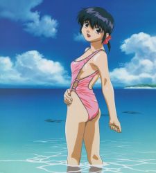 Rule 34 | 1girl, 3x3 eyes, black hair, looking at viewer, ocean, open mouth, outdoors, parvati, red eyes, ribbon, short hair, smile, solo, swimsuit