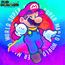 Rule 34 | 1boy, black eyes, blue overalls, brown footwear, buttons, cabbie hat, cape, cape mario, chin, closed mouth, commentary, copyright name, english commentary, facial hair, famicom, full body, game console, gloves, grid background, hat, highres, jradical2014, letter, long sleeves, looking at viewer, mario, mario (series), mustache, nintendo, one eye closed, overalls, pointing, pointing to the side, power-up, rainbow background, red circle, red hat, red shirt, shirt, shoes, smile, solid oval eyes, super mario world, thick eyebrows, thumb, title, white gloves, wink, yellow cape