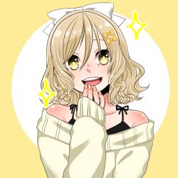 Rule 34 | 1girl, alphabet, alphabet lore, blonde hair, bow, flurrysnowgirl, harrymations, humanization, looking at viewer, picrew, russian alpahbet lore, smile, white bow, yellow and white background, yellow eyes