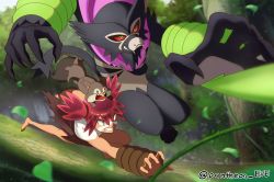 Rule 34 | 1boy, artist name, barefoot, blurry, clenched teeth, commentary request, creatures (company), day, facepaint, falling leaves, game freak, gen 8 pokemon, highres, jumping, jungle, koko (pokemon), leaf, male focus, mythical pokemon, nature, nintendo, on head, outdoors, pantheon eve, plant, pokemon, pokemon (anime), pokemon (creature), pokemon on head, pokemon the movie: secrets of the jungle, red hair, skwovet, teeth, toes, topless male, tree, vines, watermark, zarude, zarude (dada)