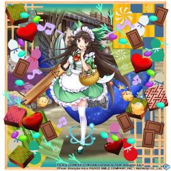 Rule 34 | 1girl, :d, ahoge, alternate costume, apron, arm cannon, asymmetrical footwear, basket, bird, bird wings, black wings, bow, building, chick, chocolate, commentary, copyright name, copyright notice, english commentary, food, full body, game cg, green bow, green footwear, hair bow, heart, long hair, looking at viewer, maid, maid headdress, mismatched footwear, musical note, open mouth, outdoors, red eyes, reiuji utsuho, reiuji utsuho (palace of the earth spirits&#039; feathered helper), rotte (1109), smile, standing, standing on one leg, starry sky print, thighhighs, third-party source, third eye, touhou, touhou lostword, weapon, white apron, white thighhighs, wings