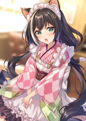 Rule 34 | 1girl, animal ear fluff, animal ears, apron, black hair, blurry, blurry background, blush, cat ears, cat girl, cat hair ornament, cat tail, checkered clothes, checkered kimono, commentary, depth of field, fang, frilled apron, frills, green eyes, hair between eyes, hair ornament, highres, indoors, japanese clothes, karyl (princess connect!), kimono, long hair, long sleeves, looking at viewer, low twintails, maid, maid apron, maid headdress, multicolored hair, open mouth, own hands together, pink kimono, princess connect!, solo, streaked hair, tail, twintails, very long hair, wa maid, white apron, white hair, wide sleeves, zof (kinokoruru)