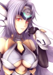 Rule 34 | 00s, 1girl, android, armor, artist name, bare shoulders, blue hair, breasts, character name, elbow gloves, forehead protector, gloves, gorget, hananon, hand in own hair, headgear, kos-mos, kos-mos ver. 4, looking at viewer, red eyes, simple background, underboob, vambraces, white background, xenosaga, xenosaga episode iii