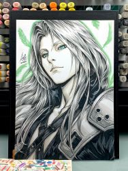 Rule 34 | 1boy, armor, art tools in frame, black shirt, close-up, closed mouth, commentary, english commentary, feathers, final fantasy, final fantasy vii, final fantasy vii remake, green eyes, highres, long hair, parted bangs, portrait, sephiroth, shirt, shoulder armor, signature, silver hair, slit pupils, solo, stanley lau, traditional media