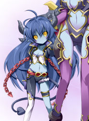Rule 34 | 2girls, age difference, armor, asmodeus (shinrabanshou), astaroth (shinrabanshou), asymmetrical clothes, black sclera, blue skin, boots, chain, colored sclera, colored skin, demon girl, head out of frame, horns, mother and daughter, multiple girls, plus9, purple footwear, shinrabanshou, tail, thighhighs, torn clothes, yellow eyes