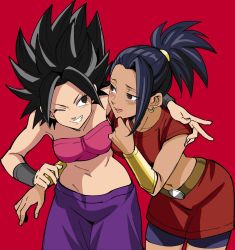 Rule 34 | 2girls, :d, arm around shoulder, bare arms, bare shoulders, belt, bike shorts, black eyes, black hair, blush, bracer, breasts, caulifla, chuya hukuaka, clenched hand, clenched teeth, commentary request, couple, cowboy shot, dragon ball, dragon ball super, earrings, eye contact, eyes visible through hair, female focus, finger gun, fingernails, grin, hand up, happy, high ponytail, highres, holding another&#039;s wrist, hug, jewelry, kale (dragon ball), leaning, leaning forward, looking at another, looking to the side, medium breasts, multiple girls, one eye closed, open clothes, open mouth, pants, pencil skirt, pink tubetop, ponytail, purple pants, red background, red shirt, red skirt, round teeth, saiyan, shaded face, shirt, short hair, side-by-side, simple background, skirt, smile, spiked hair, standing, strapless, teeth, thighs, tube top, universe 6 (dragon ball), upper body, upper teeth only, yuri