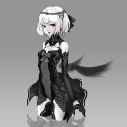 Rule 34 | 1girl, :d, black gloves, breasts, cancell, cleavage, covered navel, detached sleeves, gloves, highres, looking at viewer, open mouth, original, red eyes, short hair, small breasts, smile, solo, teeth, white hair